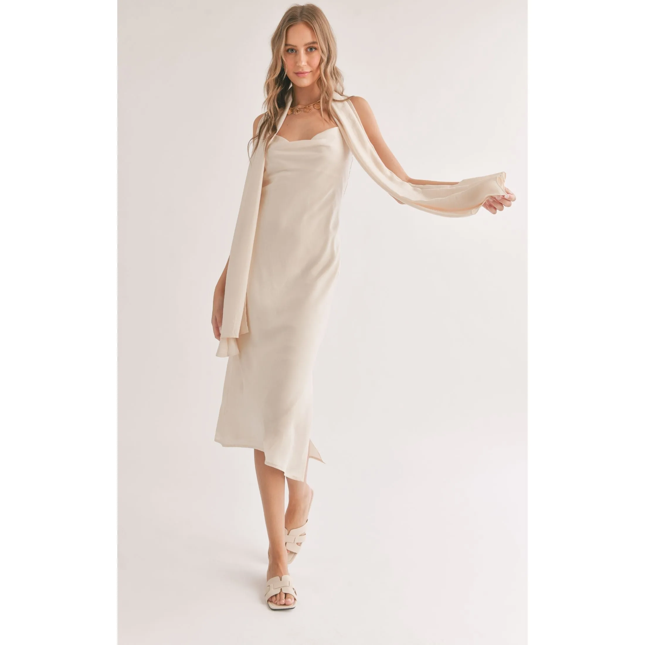 MIRAGE COWL NECK MIDI DRESS WITH SHAWL