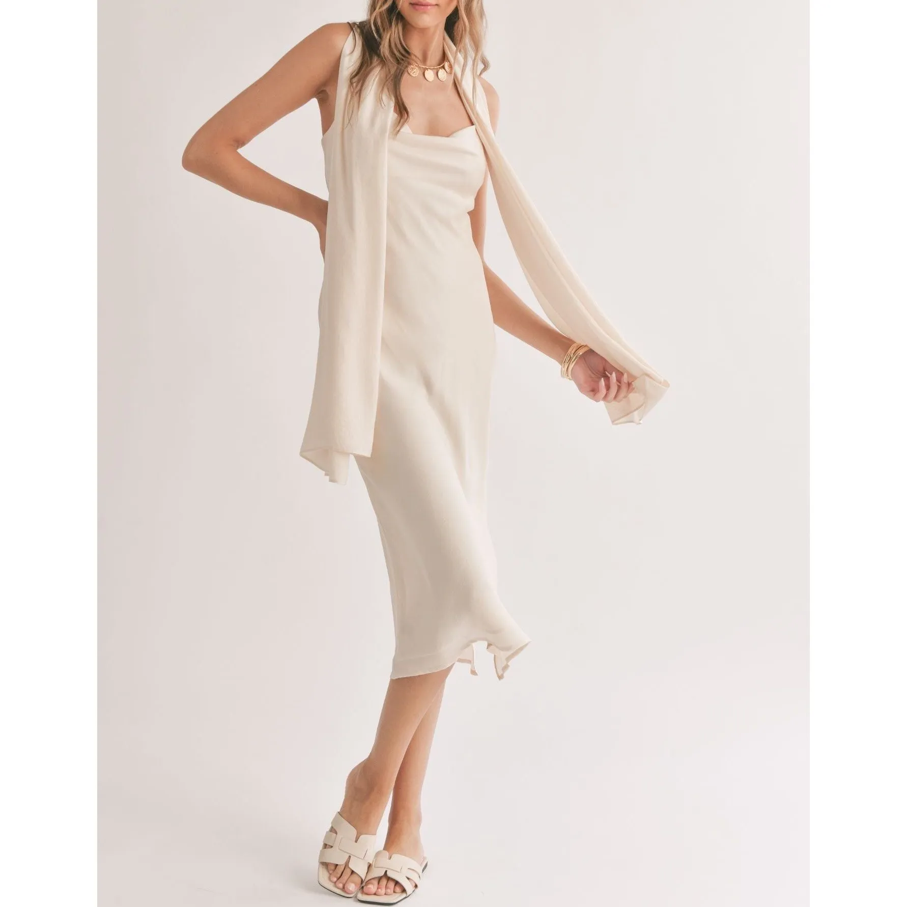 MIRAGE COWL NECK MIDI DRESS WITH SHAWL