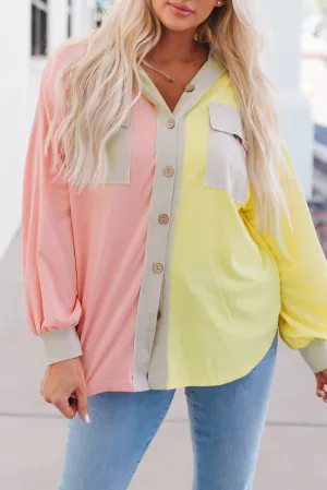 Multicolor Color Block Pocketed Button Down Shirt Jacket With Hood