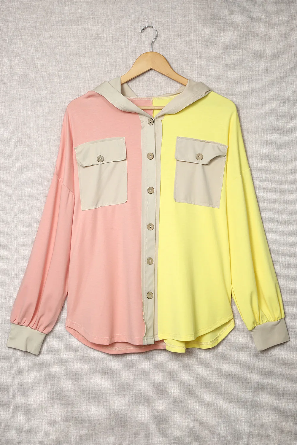 Multicolor Color Block Pocketed Button Down Shirt Jacket With Hood