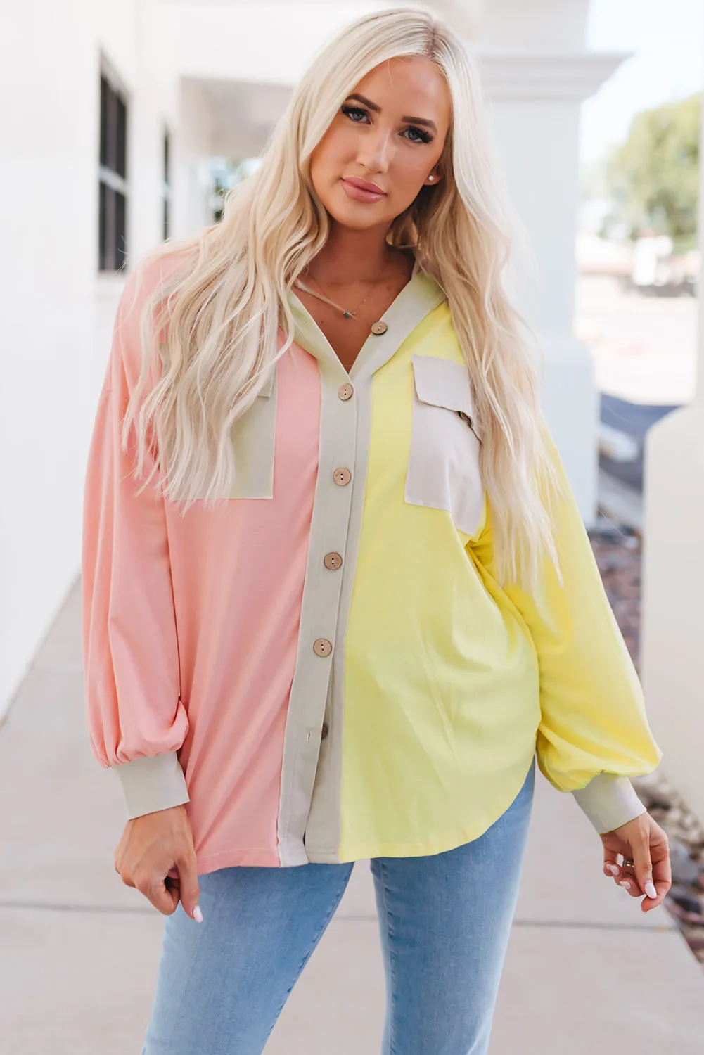 Multicolor Color Block Pocketed Button Down Shirt Jacket With Hood