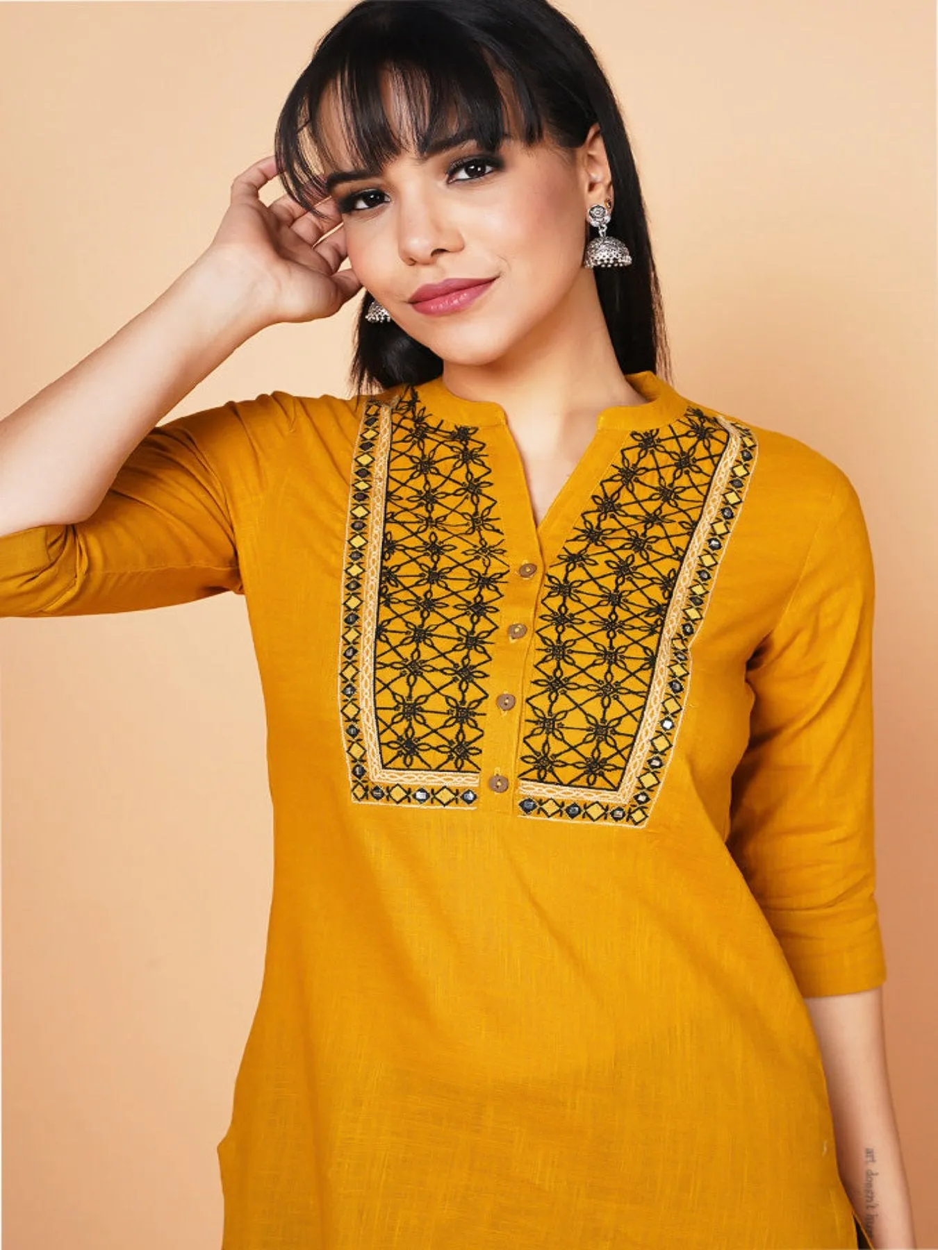 Mustard Yoke Embroidered Straight-fit Kurta