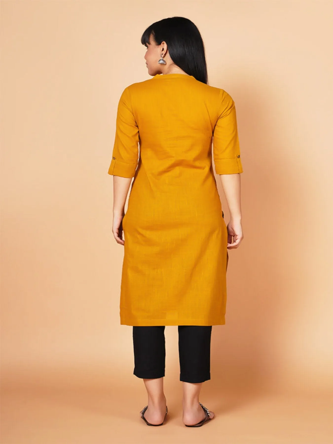 Mustard Yoke Embroidered Straight-fit Kurta