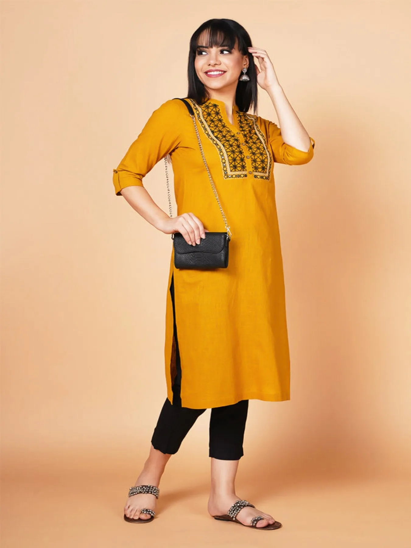 Mustard Yoke Embroidered Straight-fit Kurta