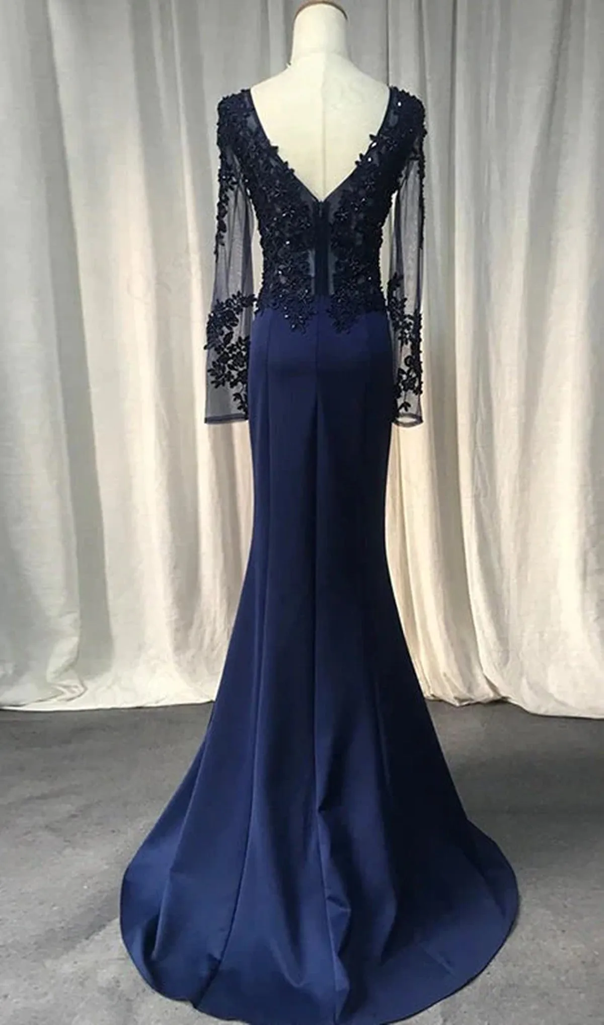 Navy Blue Mermaid Spandex Long Sleeves Prom Dress, Navy Blue Evening Dress