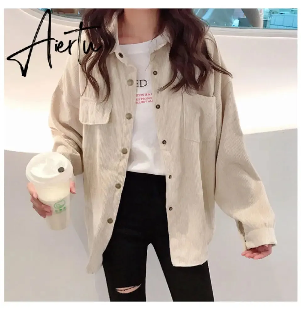 New Fashion Woman Corduroy Jacket Solid Shirt Single Breasted Turn Down Collar Long Sleeve Pocket Button Feminina T90801J