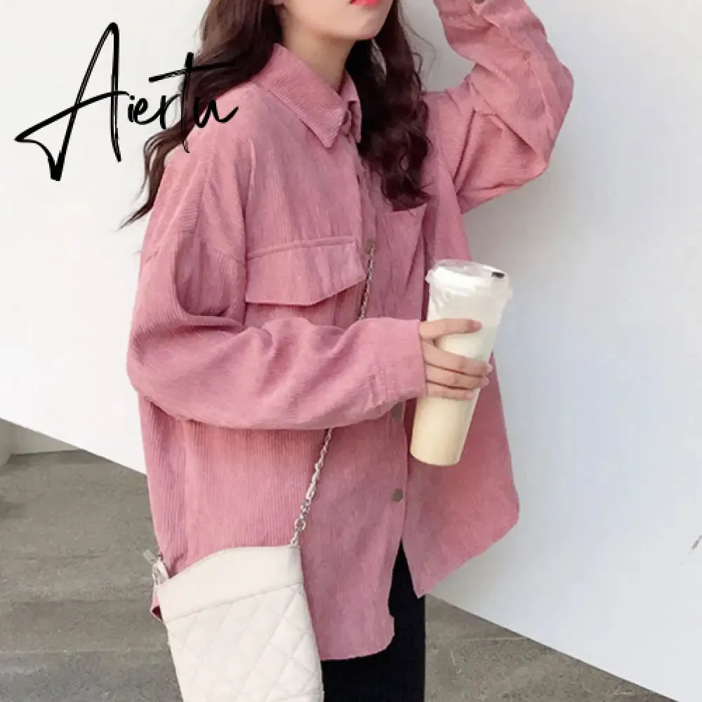 New Fashion Woman Corduroy Jacket Solid Shirt Single Breasted Turn Down Collar Long Sleeve Pocket Button Feminina T90801J