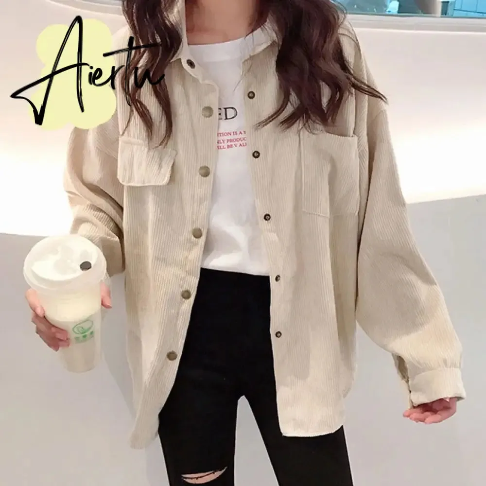 New Fashion Woman Corduroy Jacket Solid Shirt Single Breasted Turn Down Collar Long Sleeve Pocket Button Feminina T90801J