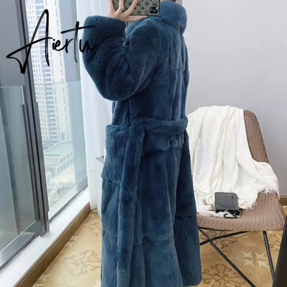 New Imitation Fur Coats Women's Winter Mid-length Lace-up Jackets Fashion Big Size Long Sleeve Thicken Black Overcoat