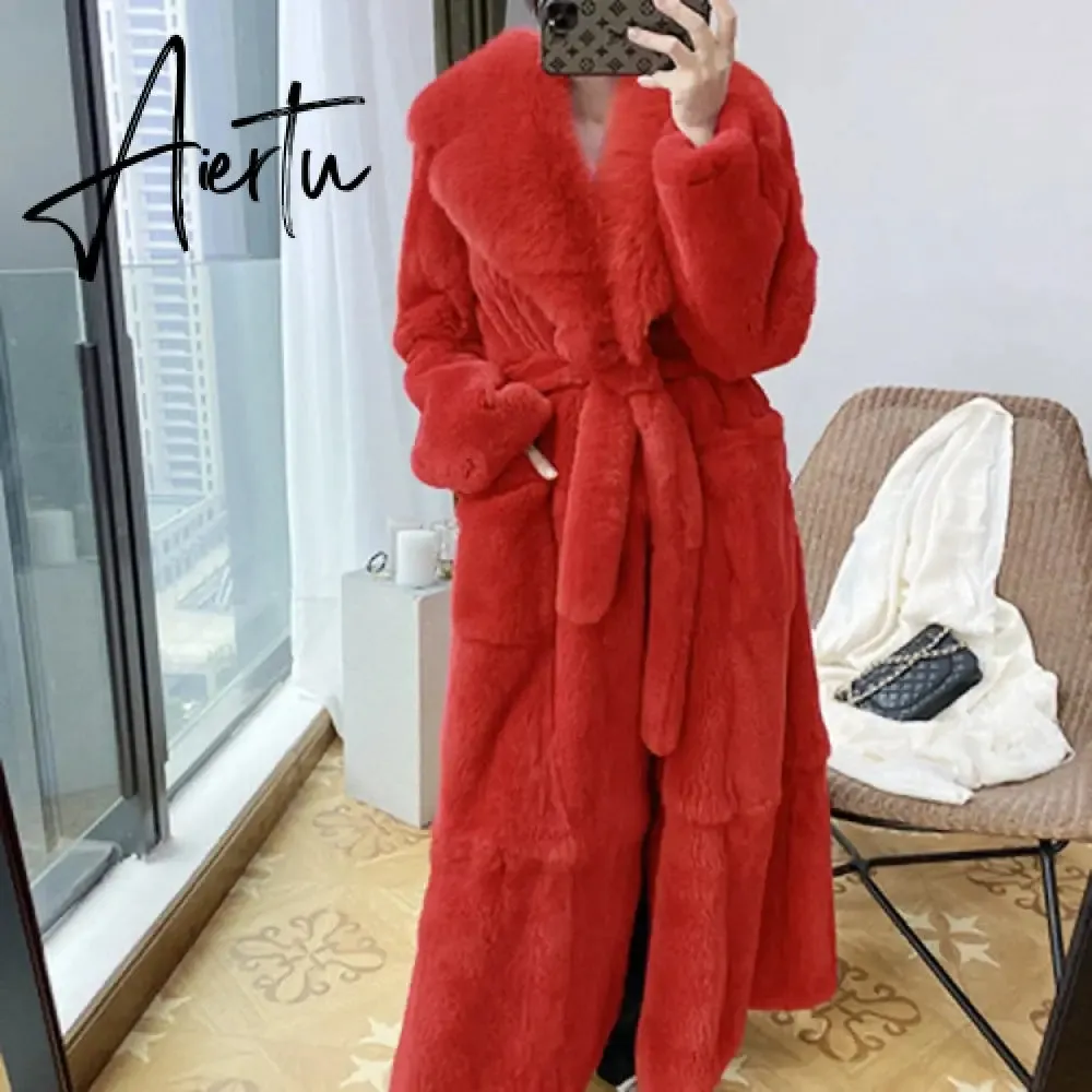 New Imitation Fur Coats Women's Winter Mid-length Lace-up Jackets Fashion Big Size Long Sleeve Thicken Black Overcoat