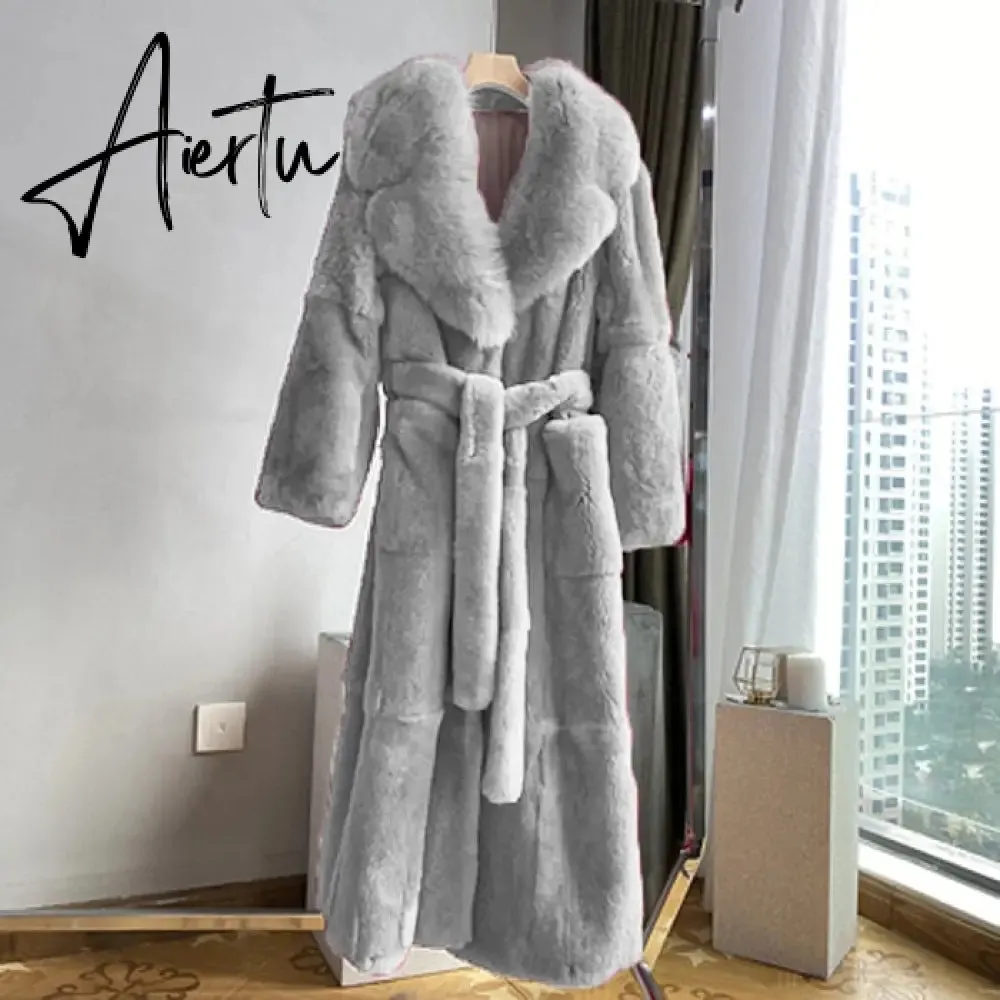 New Imitation Fur Coats Women's Winter Mid-length Lace-up Jackets Fashion Big Size Long Sleeve Thicken Black Overcoat