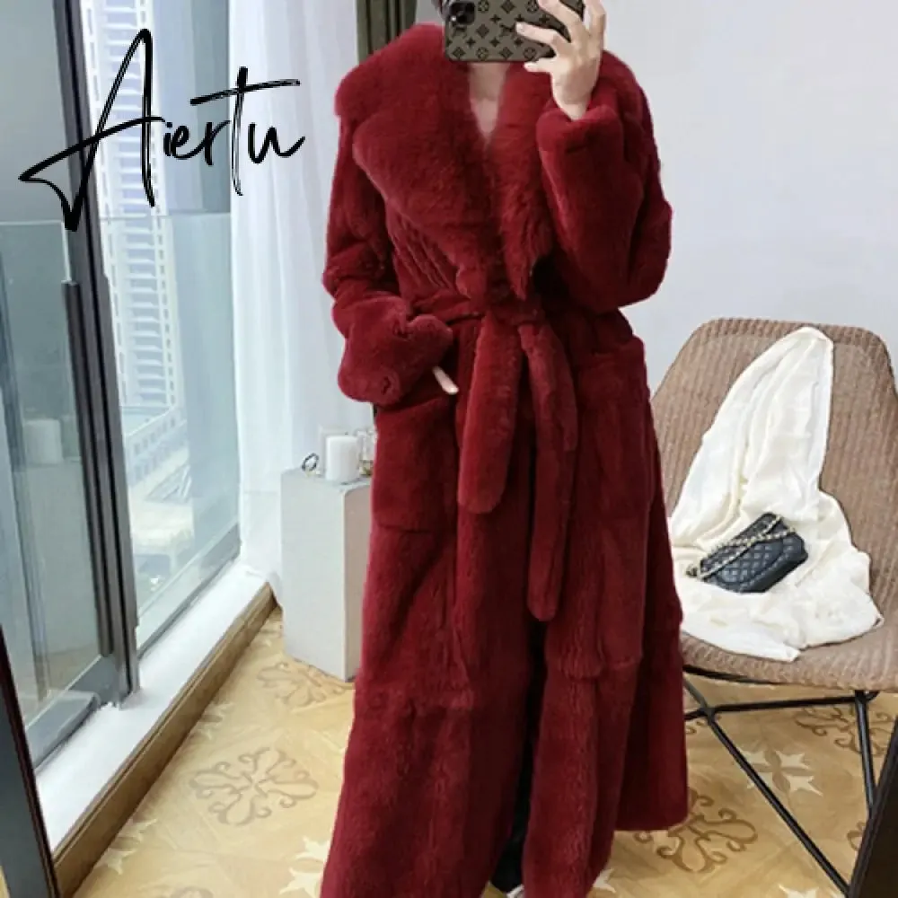 New Imitation Fur Coats Women's Winter Mid-length Lace-up Jackets Fashion Big Size Long Sleeve Thicken Black Overcoat