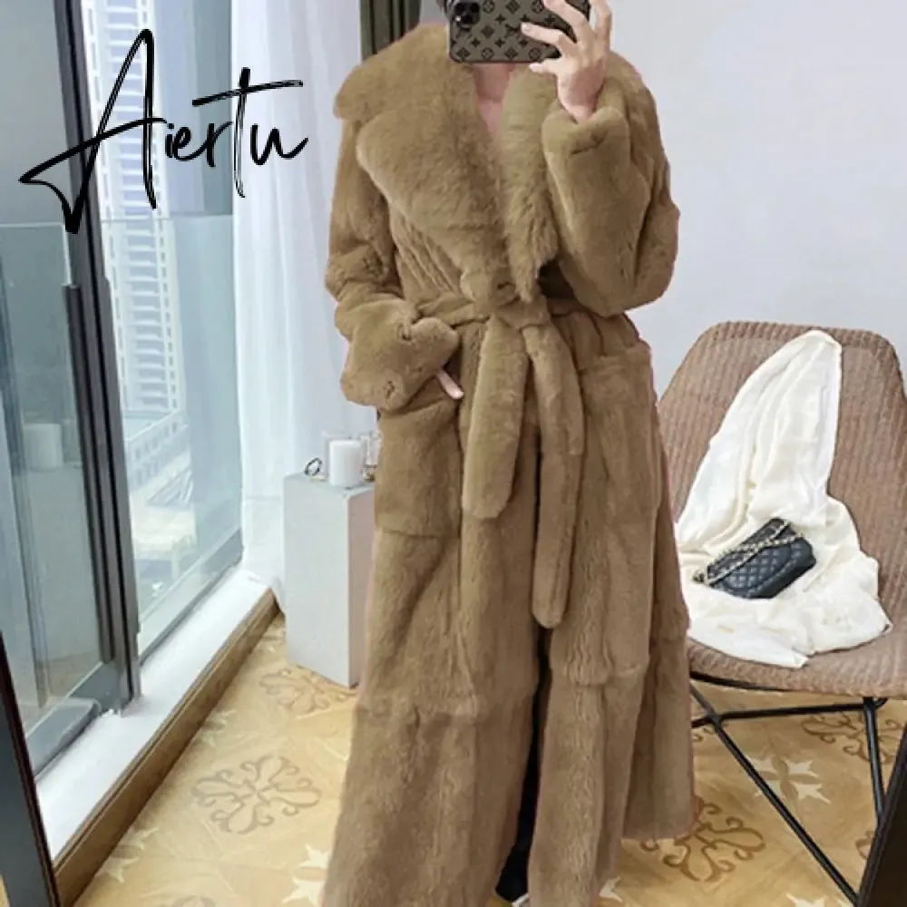 New Imitation Fur Coats Women's Winter Mid-length Lace-up Jackets Fashion Big Size Long Sleeve Thicken Black Overcoat