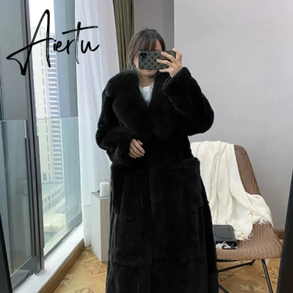 New Imitation Fur Coats Women's Winter Mid-length Lace-up Jackets Fashion Big Size Long Sleeve Thicken Black Overcoat