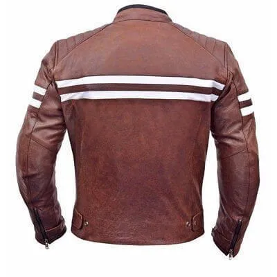 New Mens Burgundy Striped Motorbike Racing Cowhide Leather Jacket Safety Pads