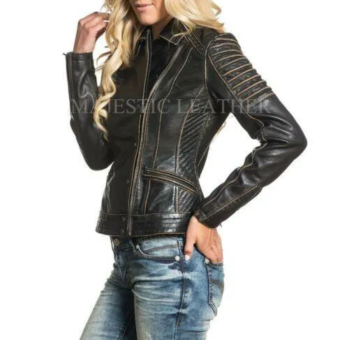 NEW WOMEN'S BLACK VINTAGE LAMB LEATHER MOTO JACKET