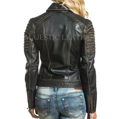 NEW WOMEN'S BLACK VINTAGE LAMB LEATHER MOTO JACKET