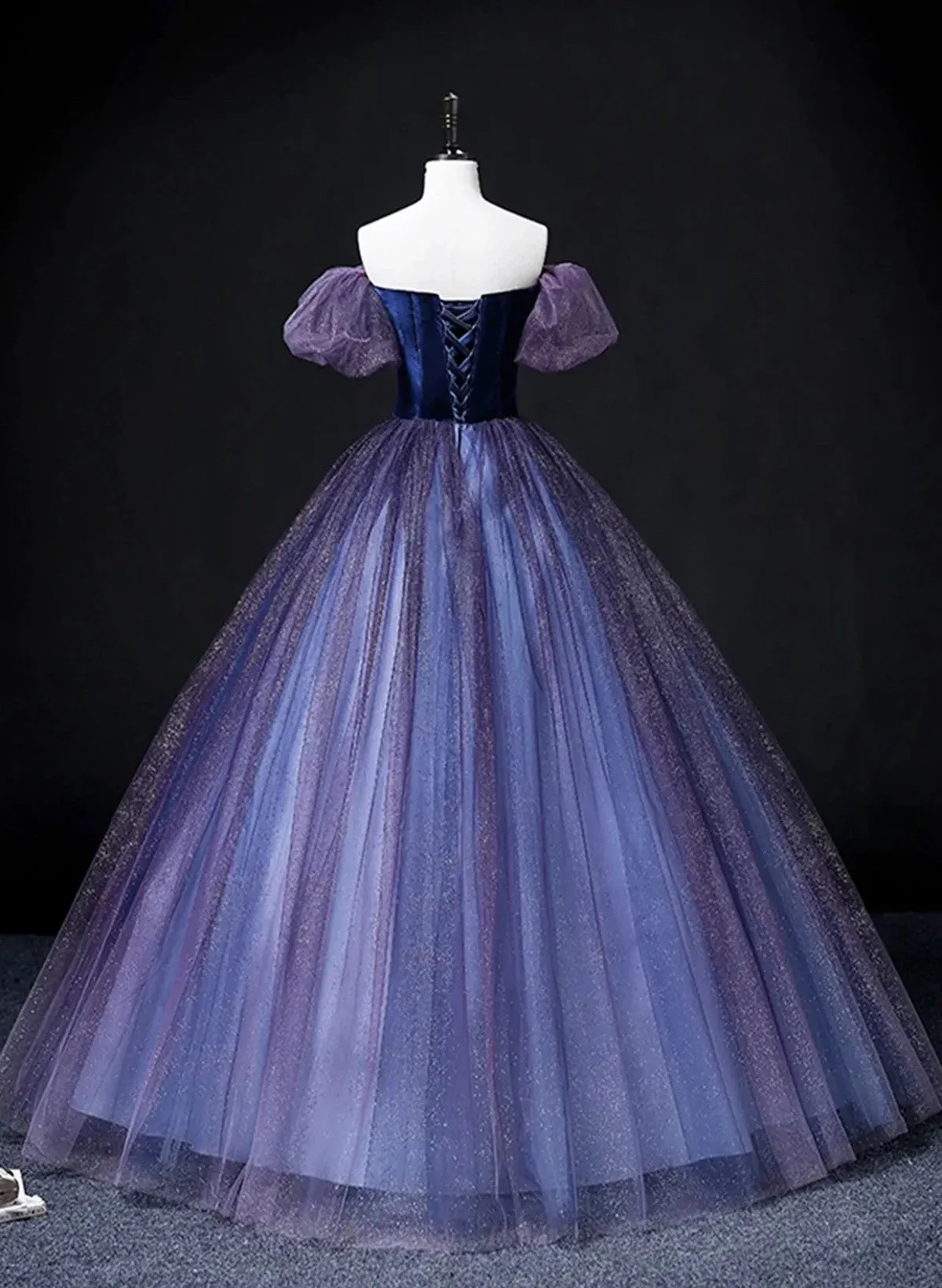 Off Shoulder Purple Tulle and Velvet Long Party Dress, Purple Prom Dress