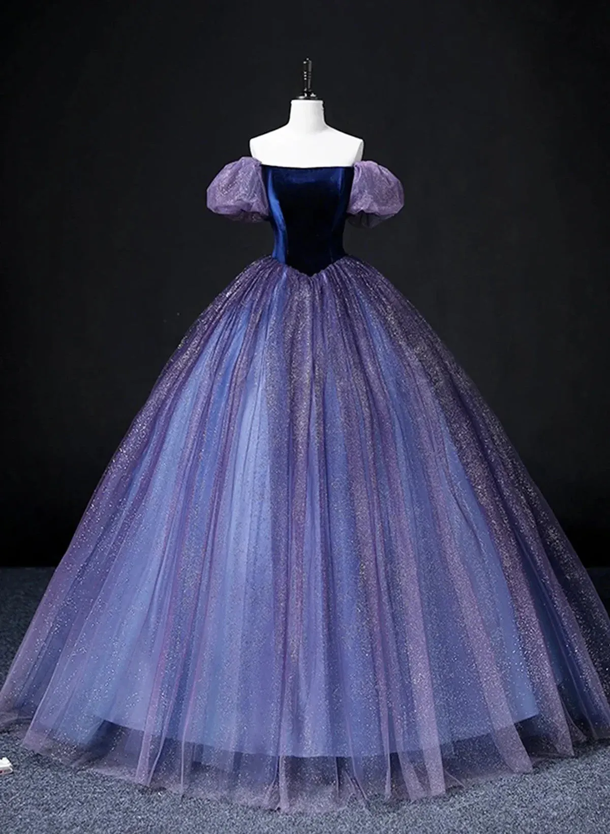 Off Shoulder Purple Tulle and Velvet Long Party Dress, Purple Prom Dress