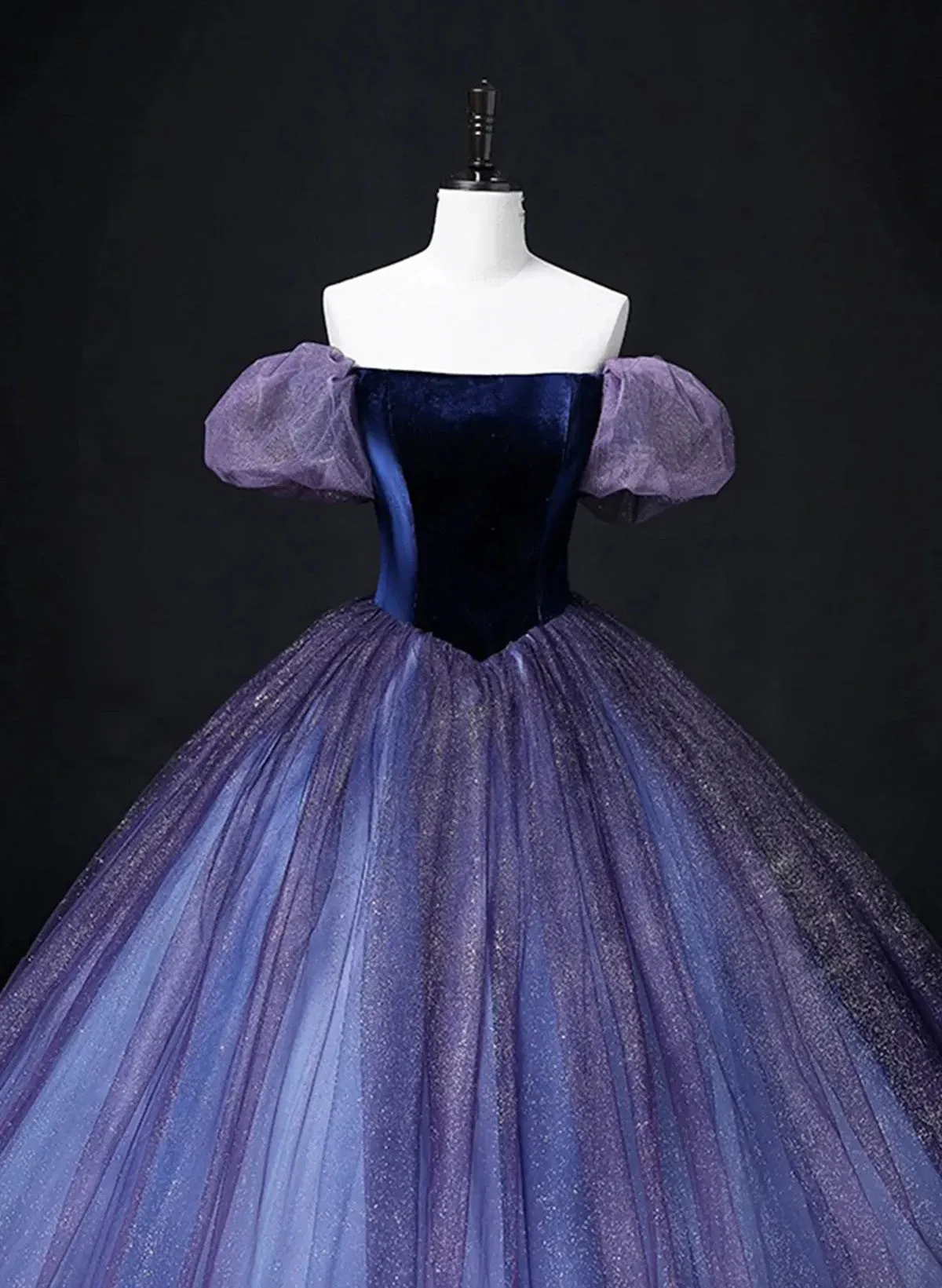 Off Shoulder Purple Tulle and Velvet Long Party Dress, Purple Prom Dress