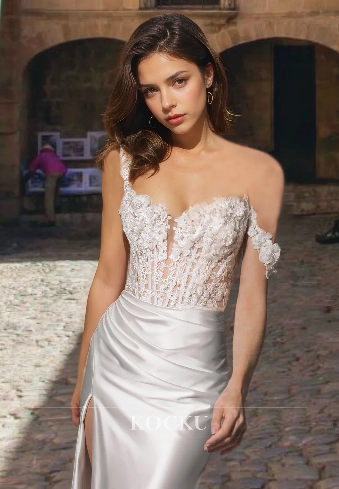 Off-Shoulder Sheath Sleeveless High Split Train Satin Wedding Dress with Appliques Bridal Dress