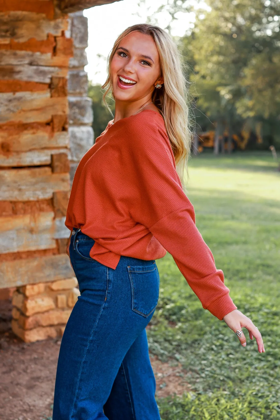 On The Down Low Waffle Knit Top in Rust