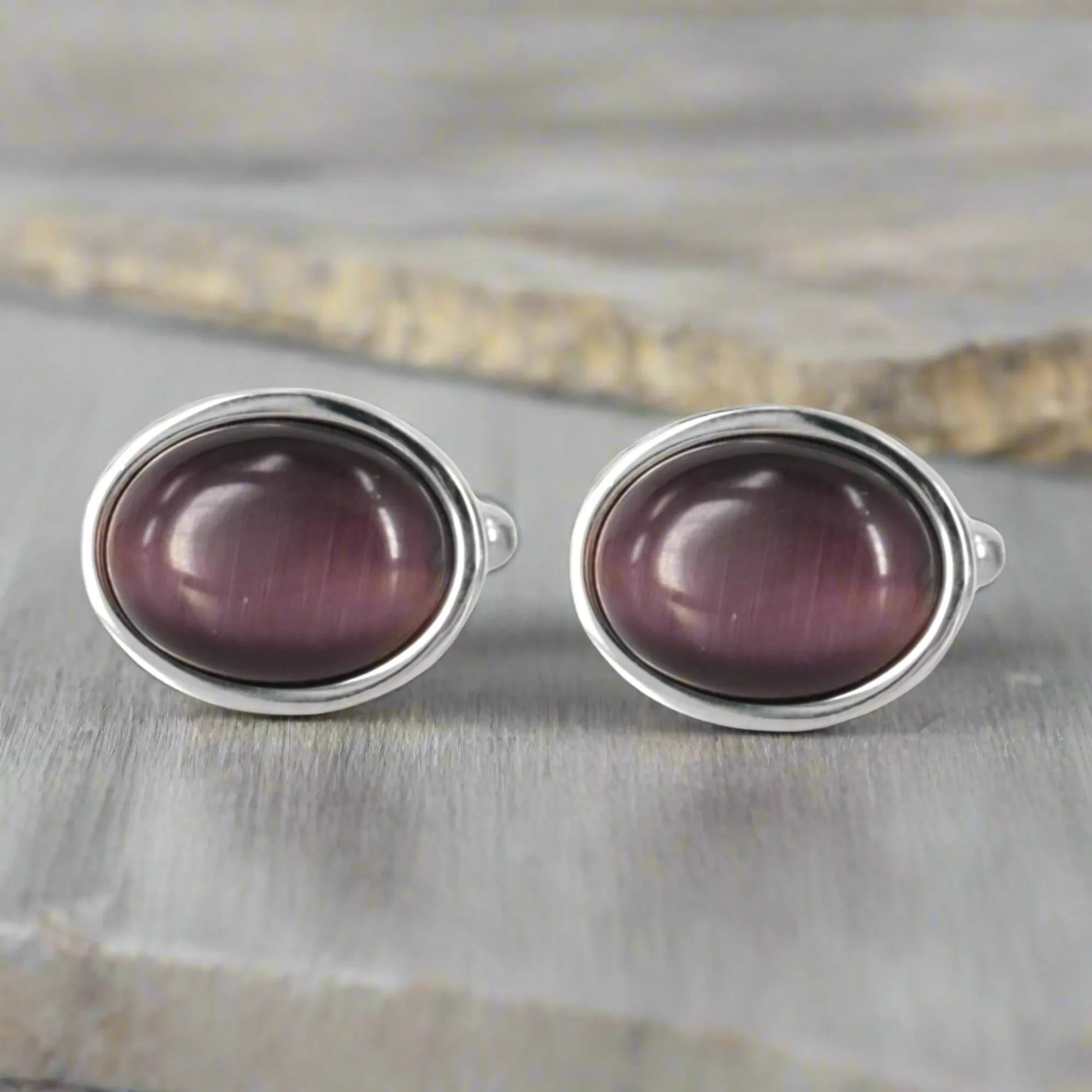 Oval EggPlant Purple fiber optic Cufflinks