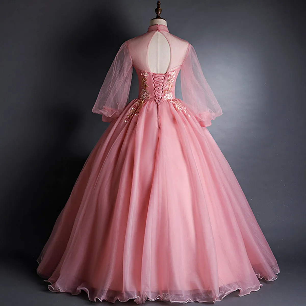 Pink High Neckline Floral Lace Puffy Sleeves Sweet 16 Dress, Pink Tulle Formal Dress