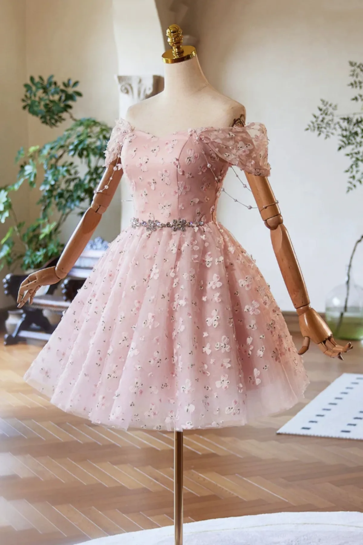 Pink Off Shoulder Knee Length Party Dress, Pink Homecoming Dress