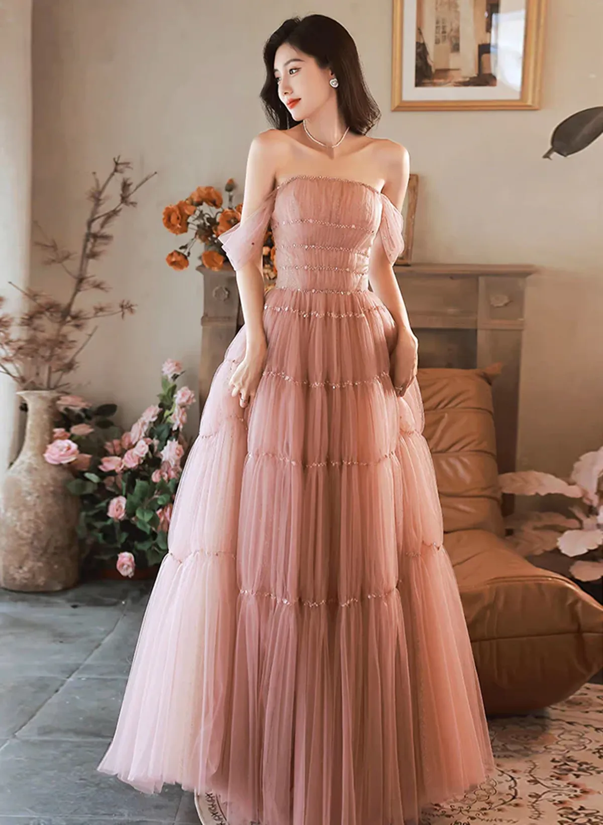 Pink Tulle Floor Length Beaded Long Party Dress, Off Shoulder Pink Prom Dress