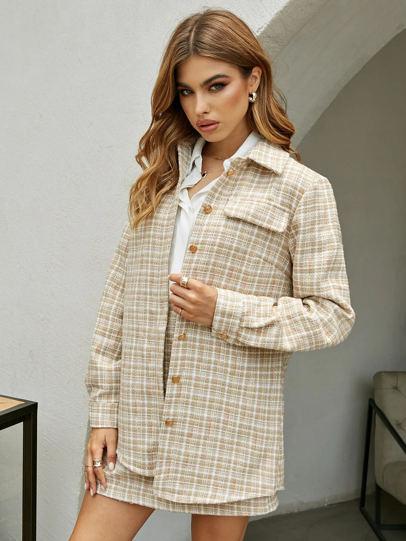 Plaid Fake Pockets Long Sleeve Collar Short Women Overcoat