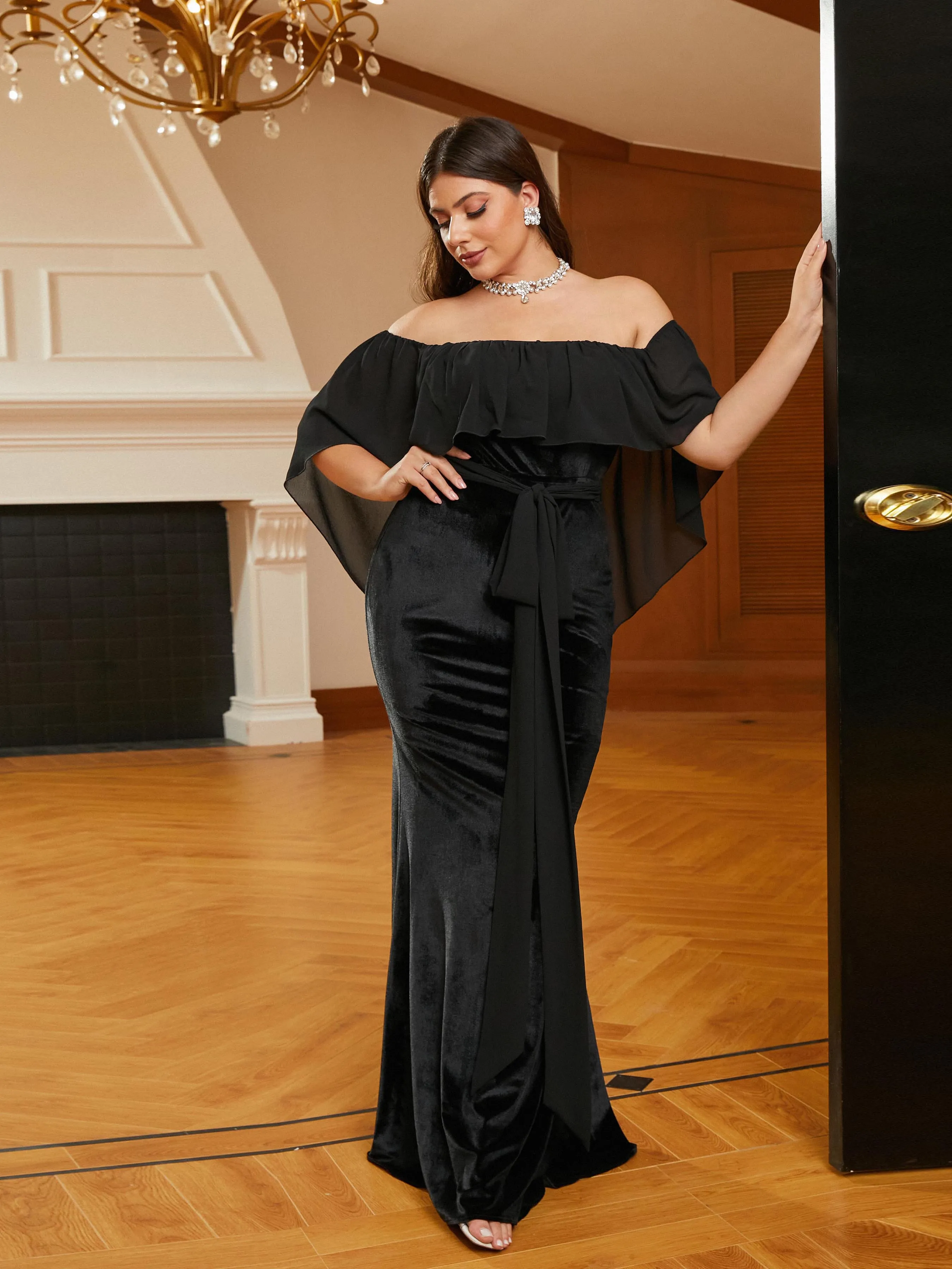 Plus Size Off Shoulder Velvet Black Evening Dress PRM20805