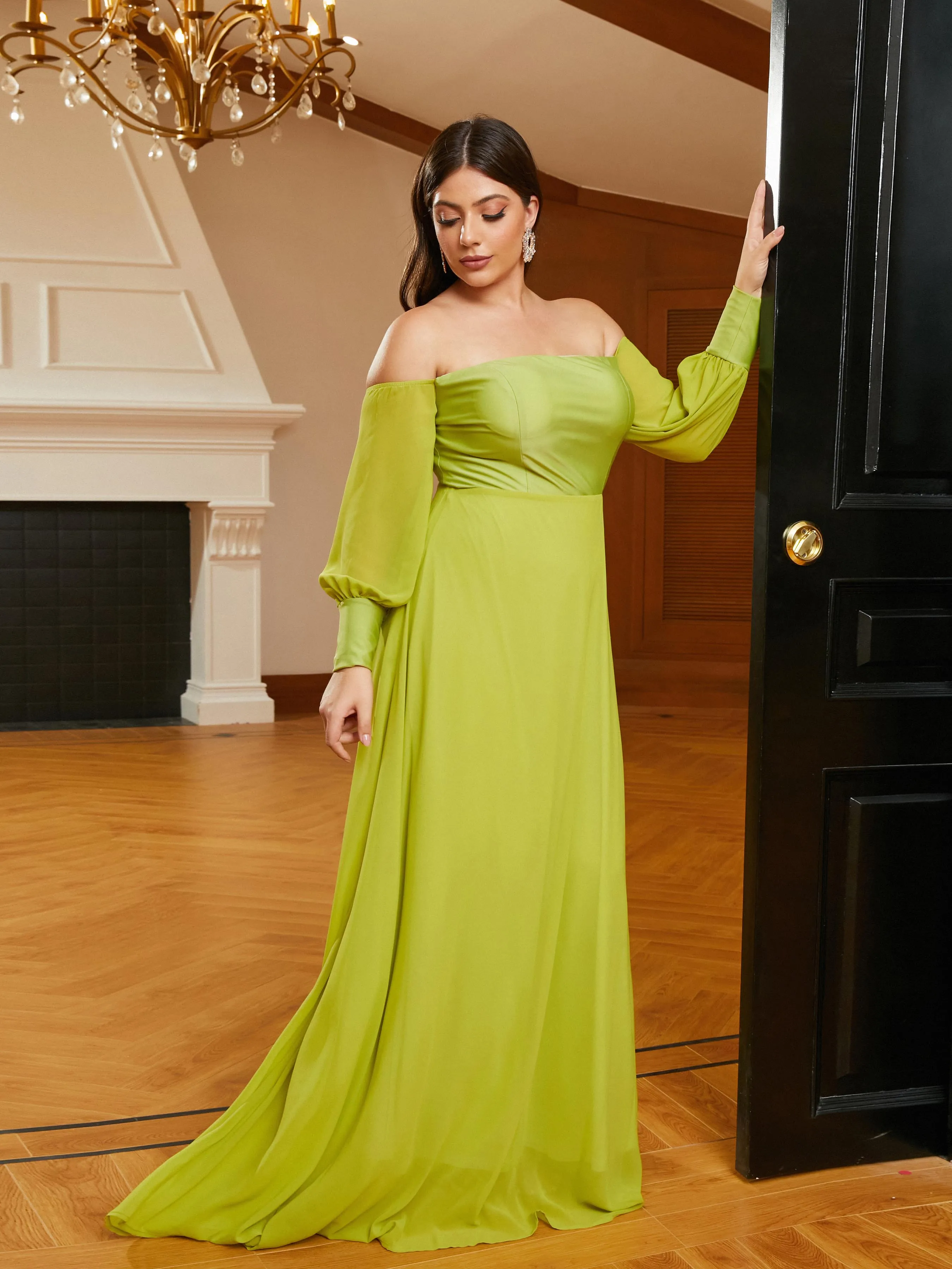 Plus Size Off The Shoulder Green Bridesmaid Dress PRM21026