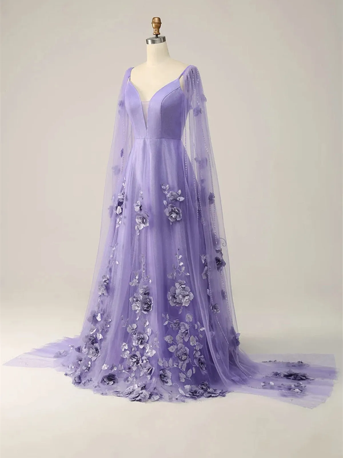 Purple A-line V-neckline Flowers Tulle Prom Dress, Purple Low Back Evening Dress