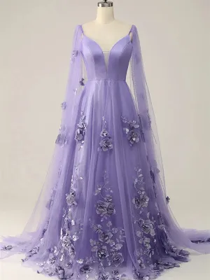 Purple A-line V-neckline Flowers Tulle Prom Dress, Purple Low Back Evening Dress