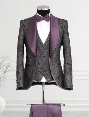 Purple Floral Velvet Shawl Lapel Elegant Men Tuxedo