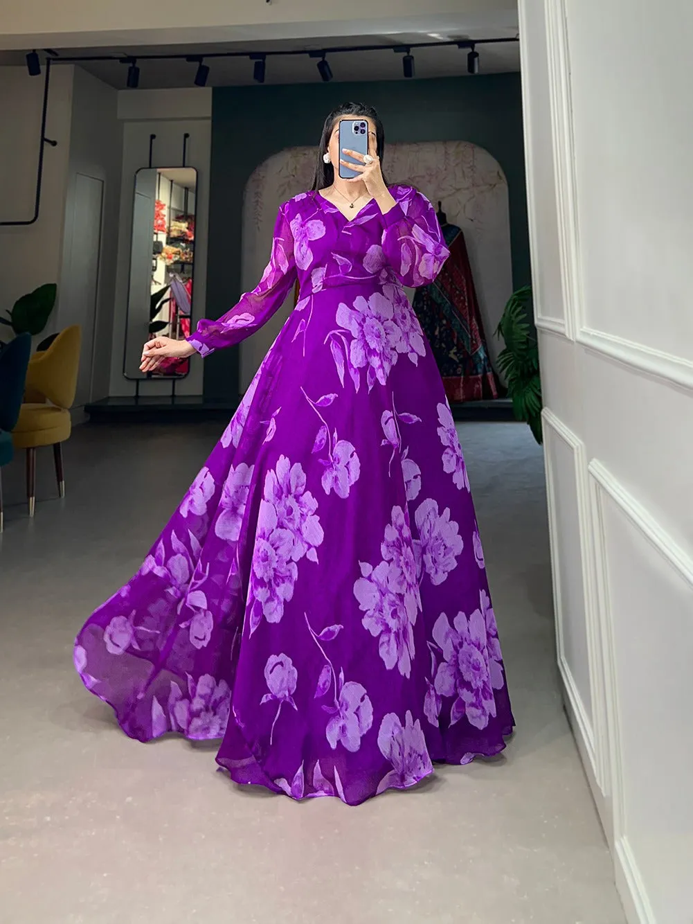 Purple Ready-to-Wear Chiffon Gown with Floral Print