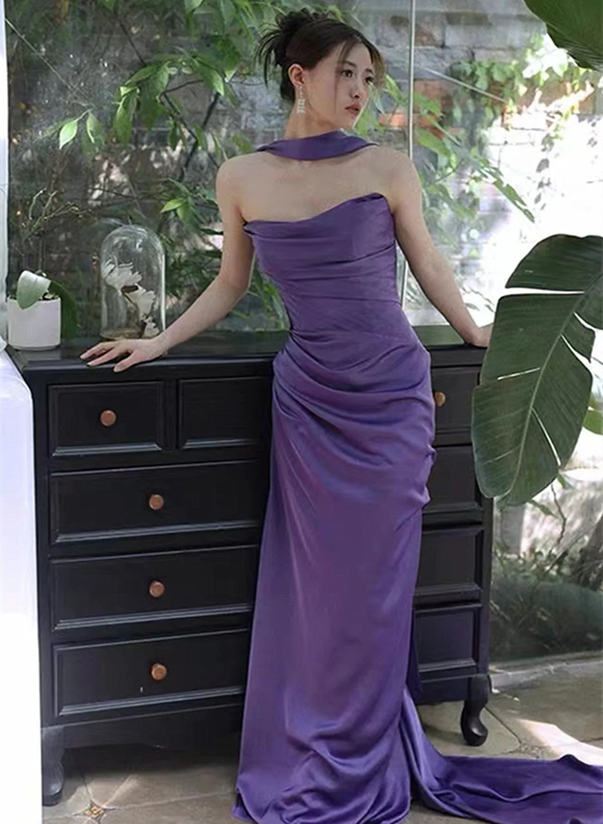 Purple Satin Long Evening Dress Prom Dress, Purple Formal Dress