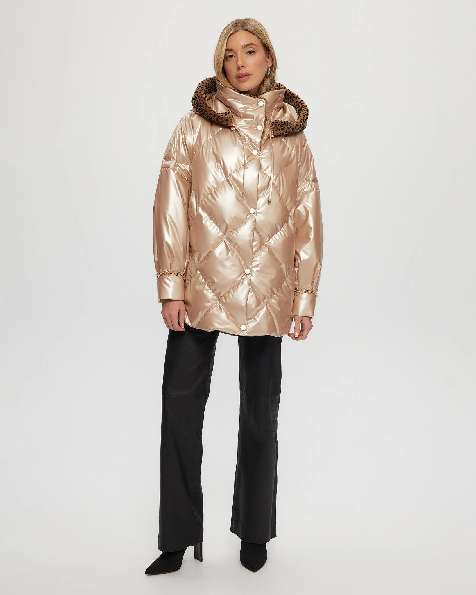 QUILTED PARKA WITH SHEARLING LAMB COLLAR & HOOD TRIM