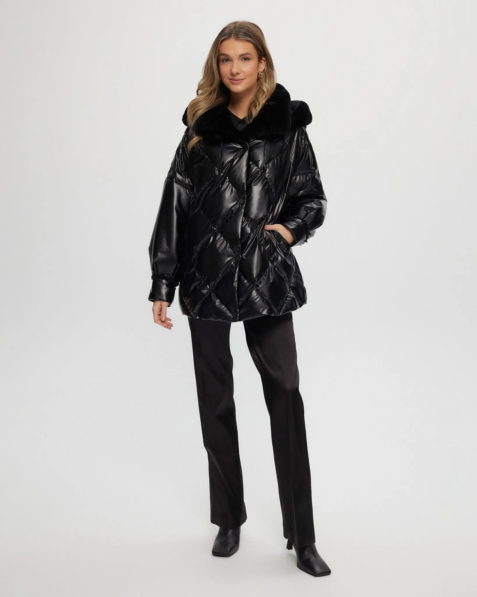 QUILTED PARKA WITH SHEARLING LAMB COLLAR & HOOD TRIM