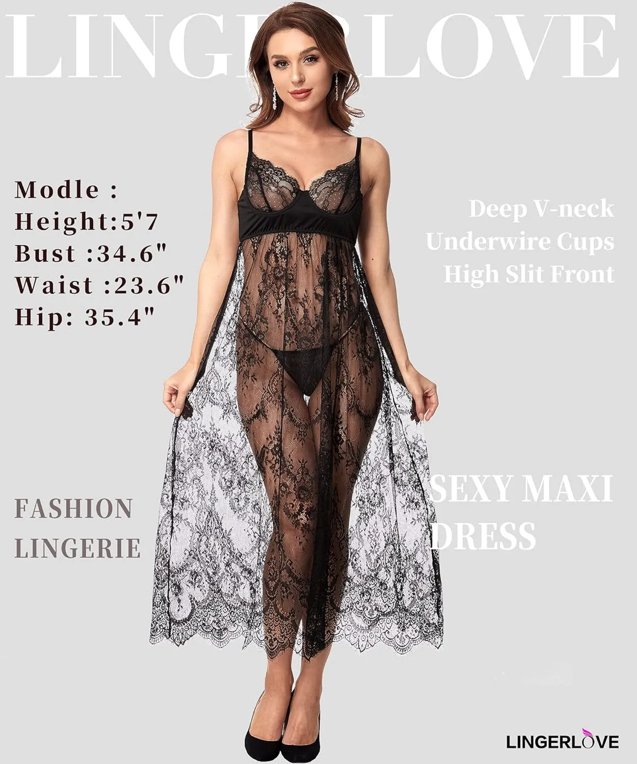 "Sexy Lace High Slit Maxi Long Gown Sheer Dress - Sizes S-4XL"