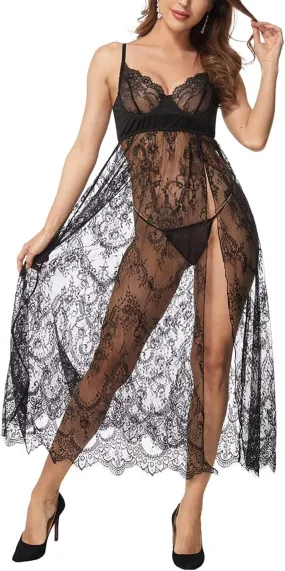 "Sexy Lace High Slit Maxi Long Gown Sheer Dress - Sizes S-4XL"