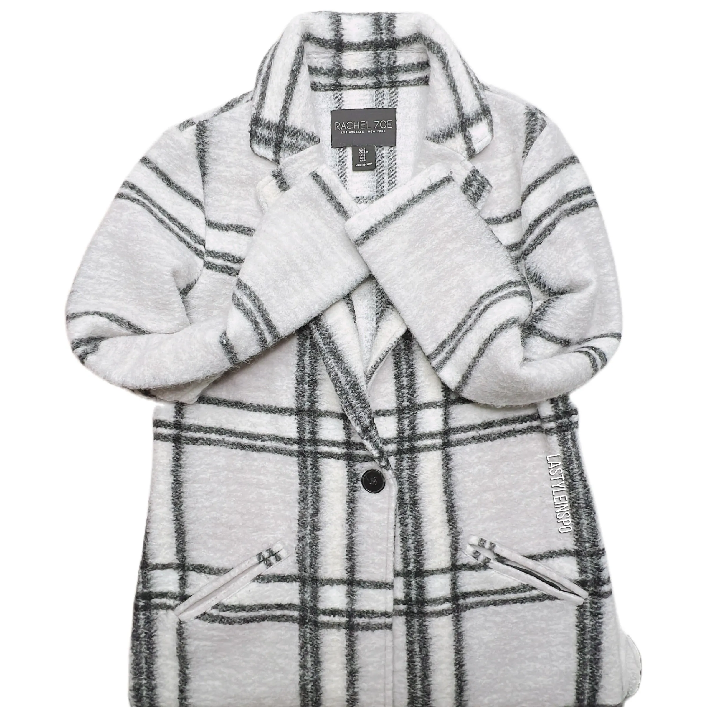 Rachel Zoe Wool Coat Black Plaid White Gray Size S