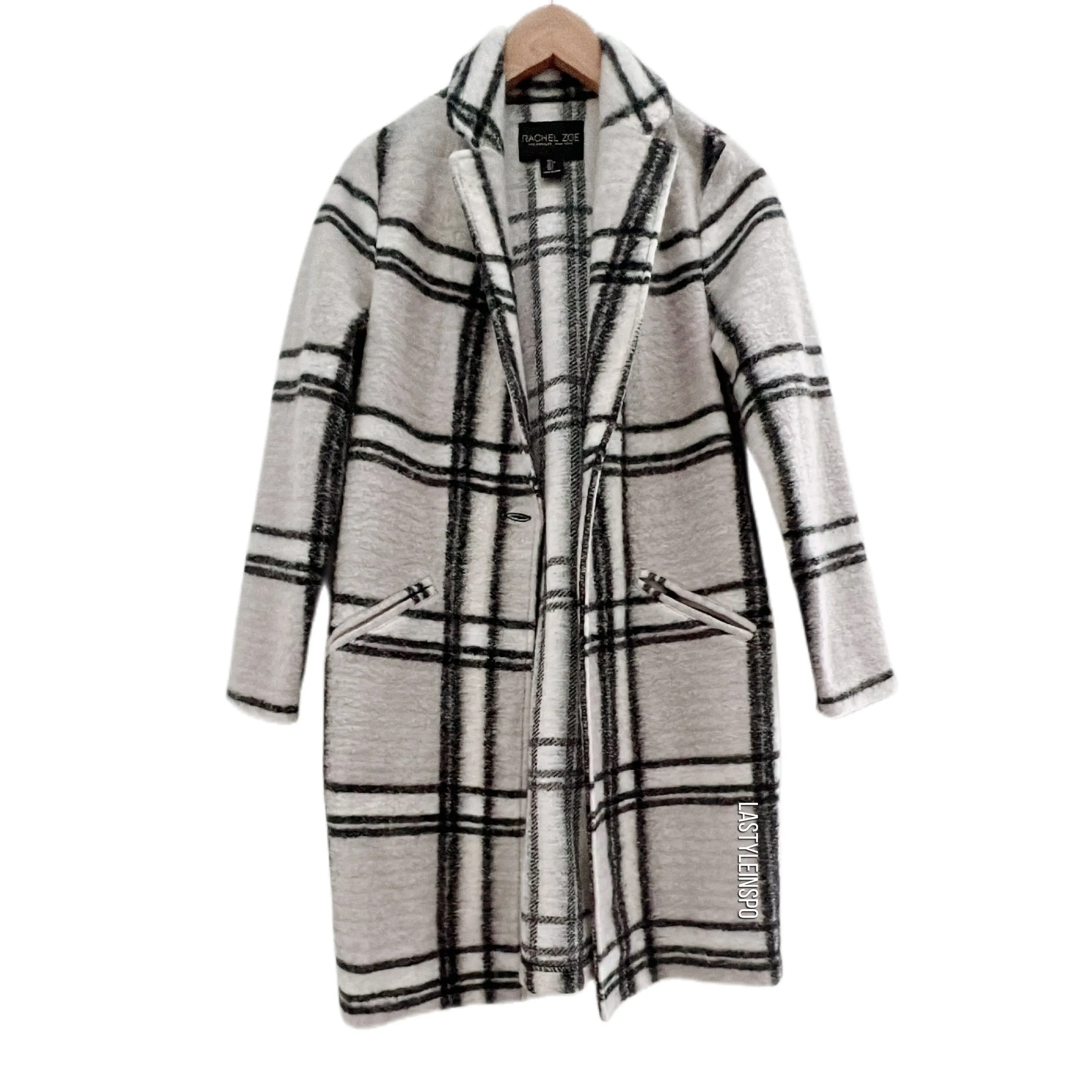 Rachel Zoe Wool Coat Black Plaid White Gray Size S