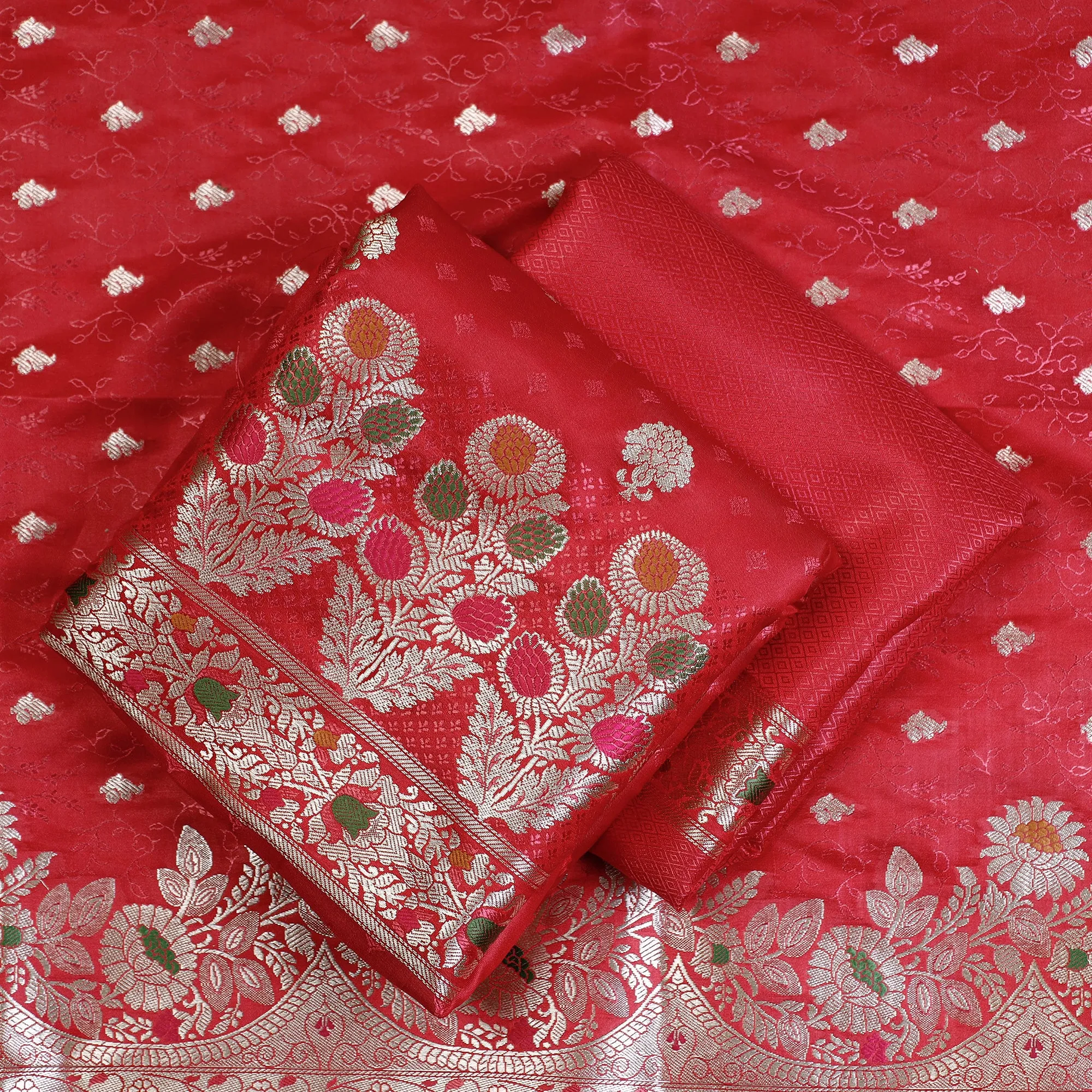 Red - 3pc Banarasi Zari Weave Cutwork Semi Silk Suit Material Set