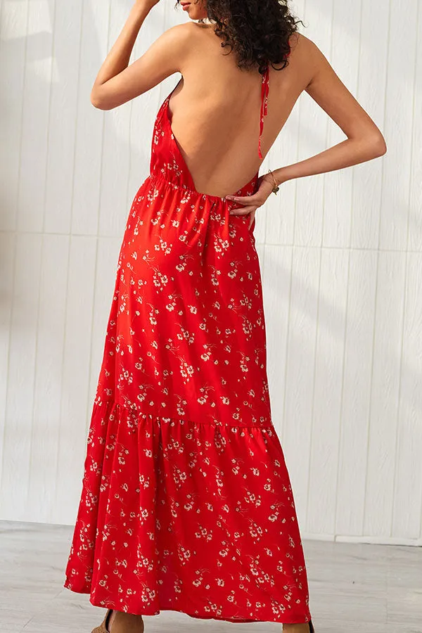 Red Backless Halter Ruffle Maxi Dress