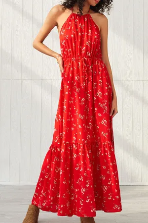 Red Backless Halter Ruffle Maxi Dress