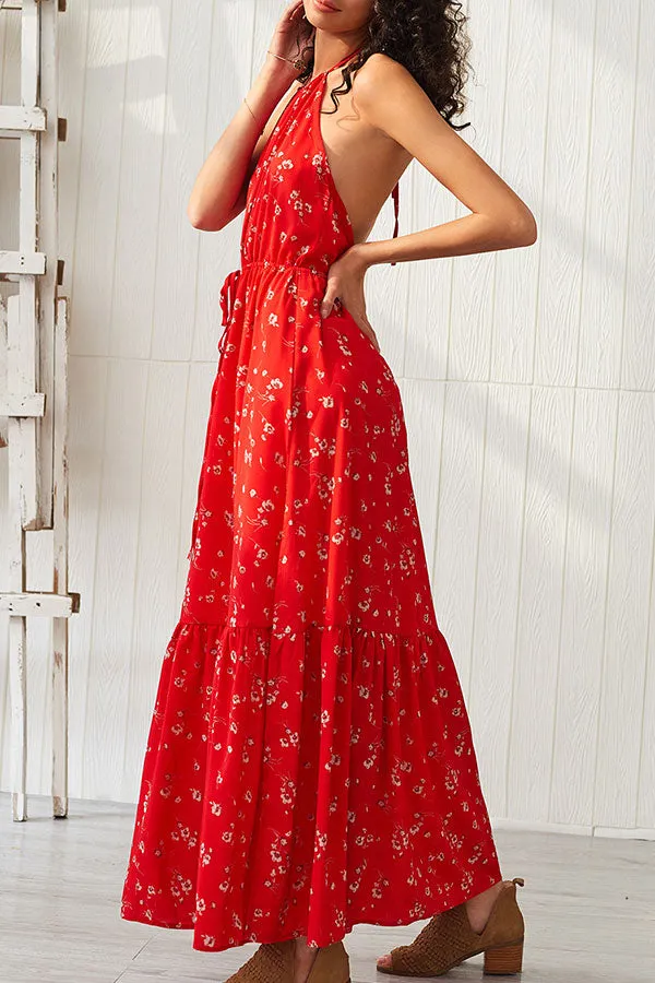 Red Backless Halter Ruffle Maxi Dress