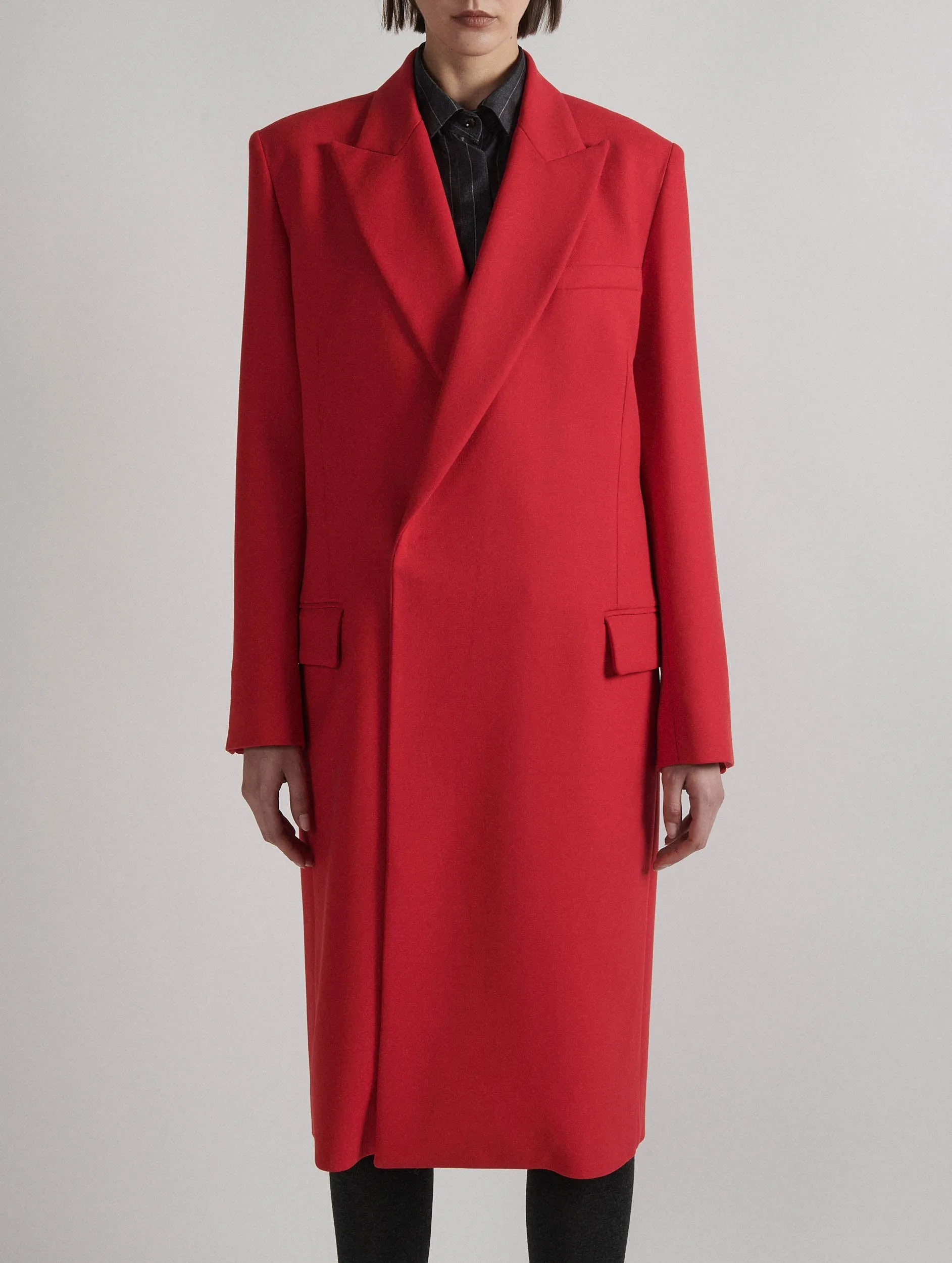 Red double gabardine overcoat