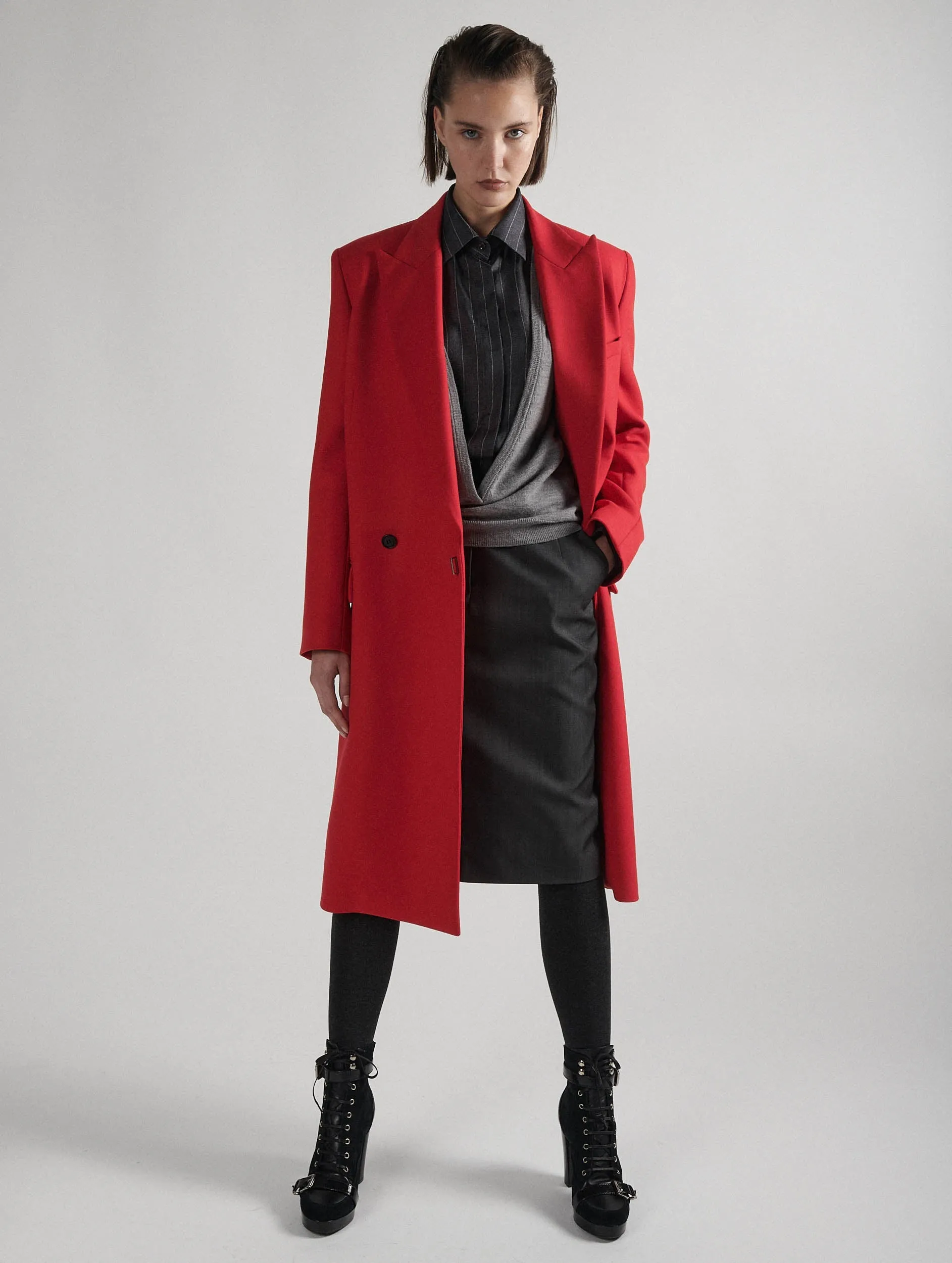 Red double gabardine overcoat